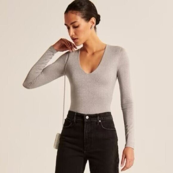 Abercrombie & Fitch Tops - Abercrombie and Fitch Sparkle Long Sleeve Bodysuit XS Silver Grey Shimmer NEW
